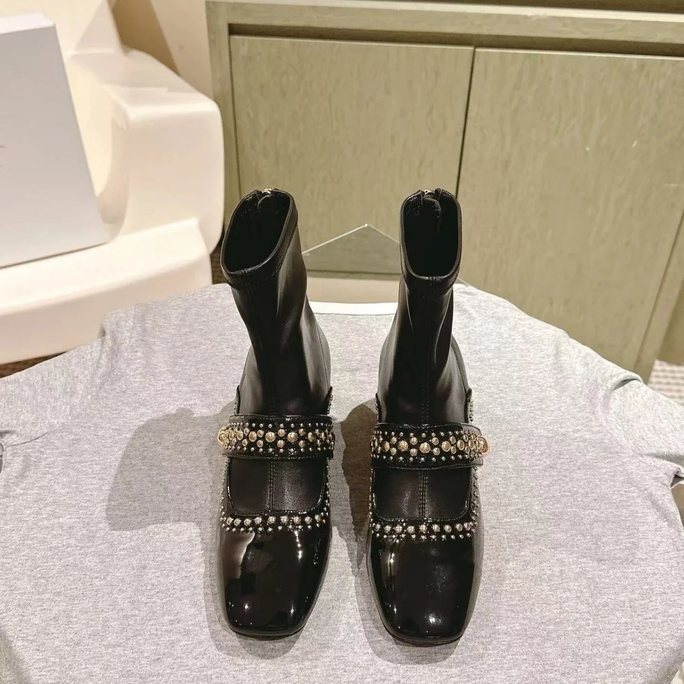 Unbranded Boots Square-Toe Studded Strap Block-Heel Ankle image 3