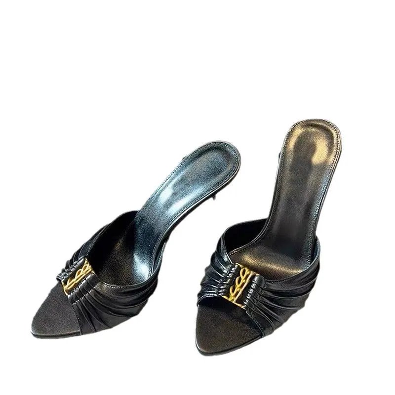 Saint Laurent High Heels Black pointed-toe pleated mule with YSL metal logo image 5