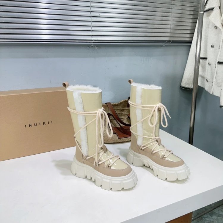 INU IKII Chunky Lace-Up Shearling-Lined Winter Boots Beige - 17