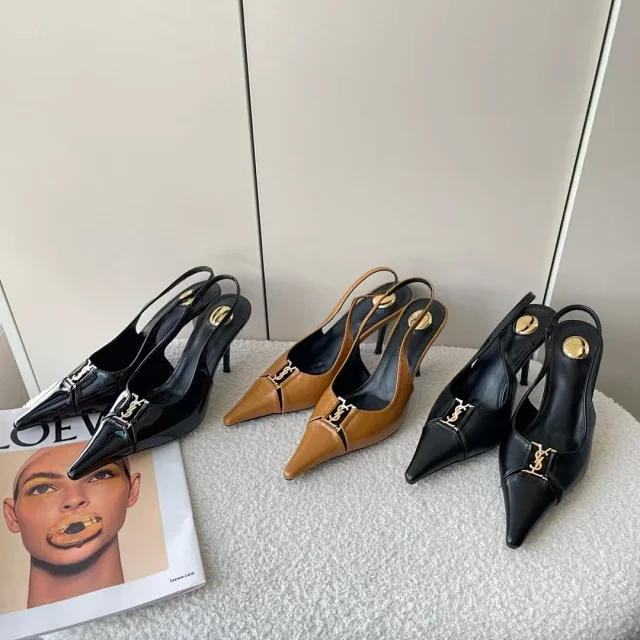 Saint Laurent High Heels Pointed-Toe Slingback Stiletto with YSL Monogram product detail image 1