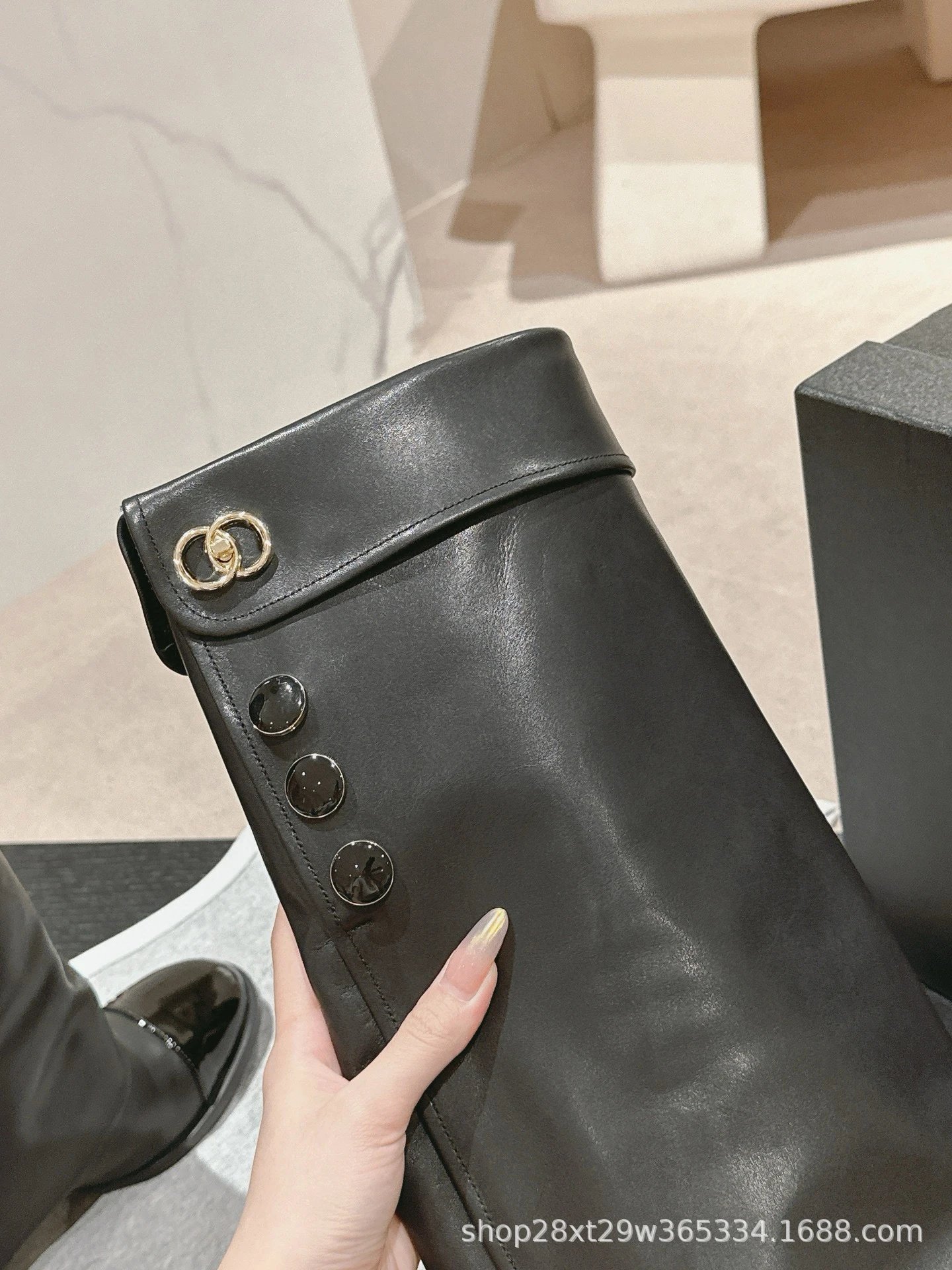 Chanel Classic Buttoned Knee-High Boot Beige and Black Patent Leather Boots - 11
