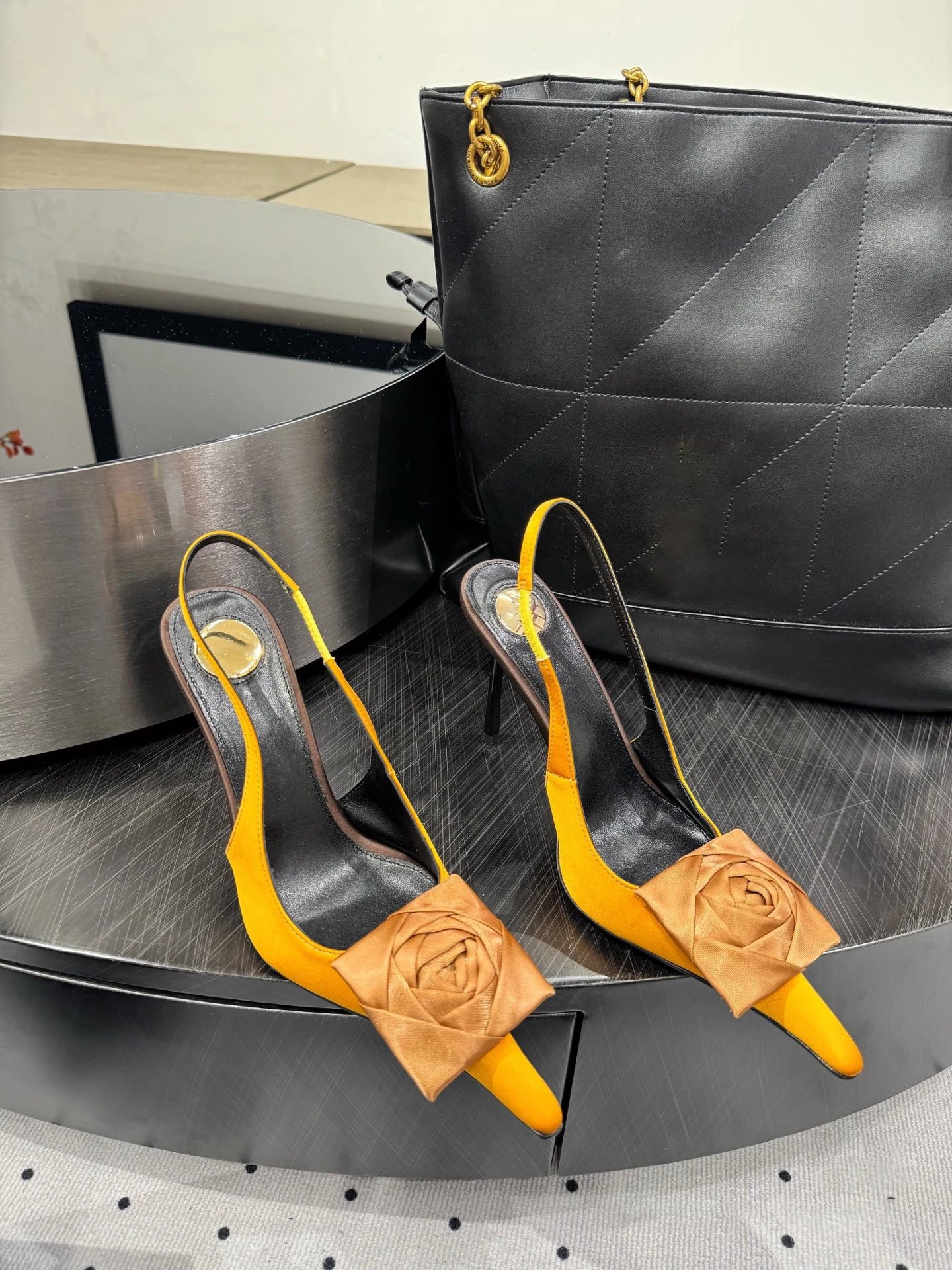 Saint Laurent High Heels Satin rose-appliqué pointed-toe slingback stilettos — Yellow, 10 cm Heel