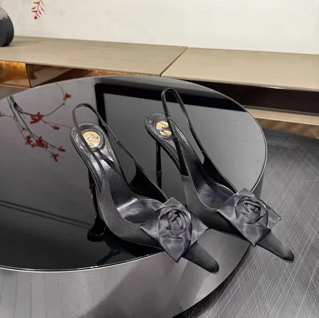 Saint Laurent High Heels Satin rose-appliqué pointed-toe slingback stilettos product detail image 6