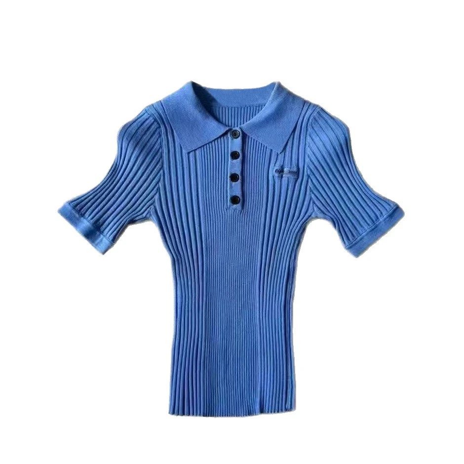 Off-White Ribbed Knit Polo Shirt in Blue - 3