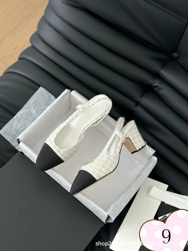 Chanel-inspired Tweed Block Heel Mules Black and Beige