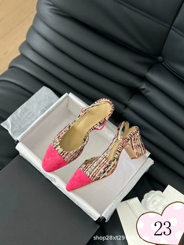 Chanel-inspired Tweed Slingback Block Heels Pink Tip - 23