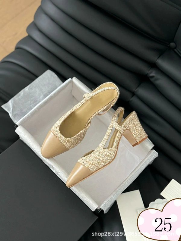 Chanel-inspired Tweed Slingback Block Heels Pink Tip - 25