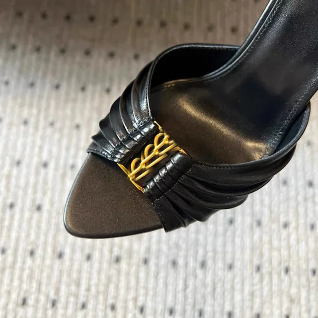 Saint Laurent High Heels Black pointed-toe pleated mule with YSL metal logo product detail image 7