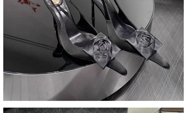 Saint Laurent High Heels Satin rose-appliqué pointed-toe slingback stilettos product detail image 12