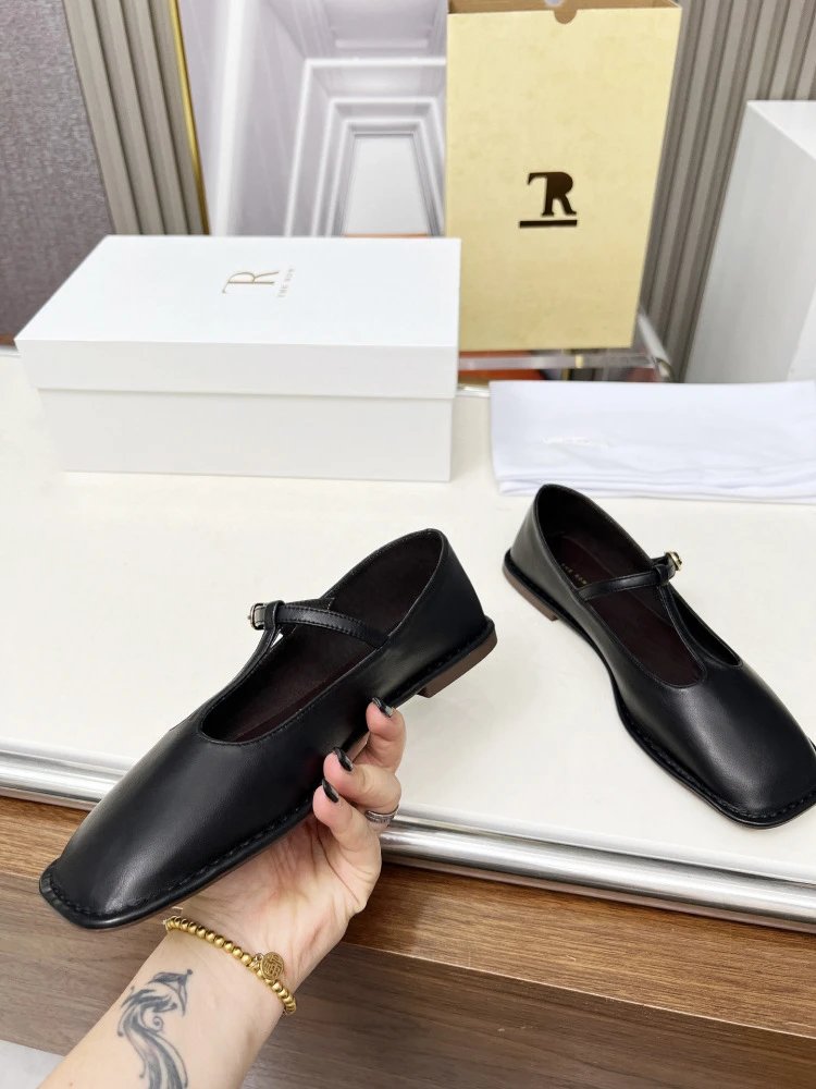 The Row Mary Jane Black Leather Flat Shoes - 5