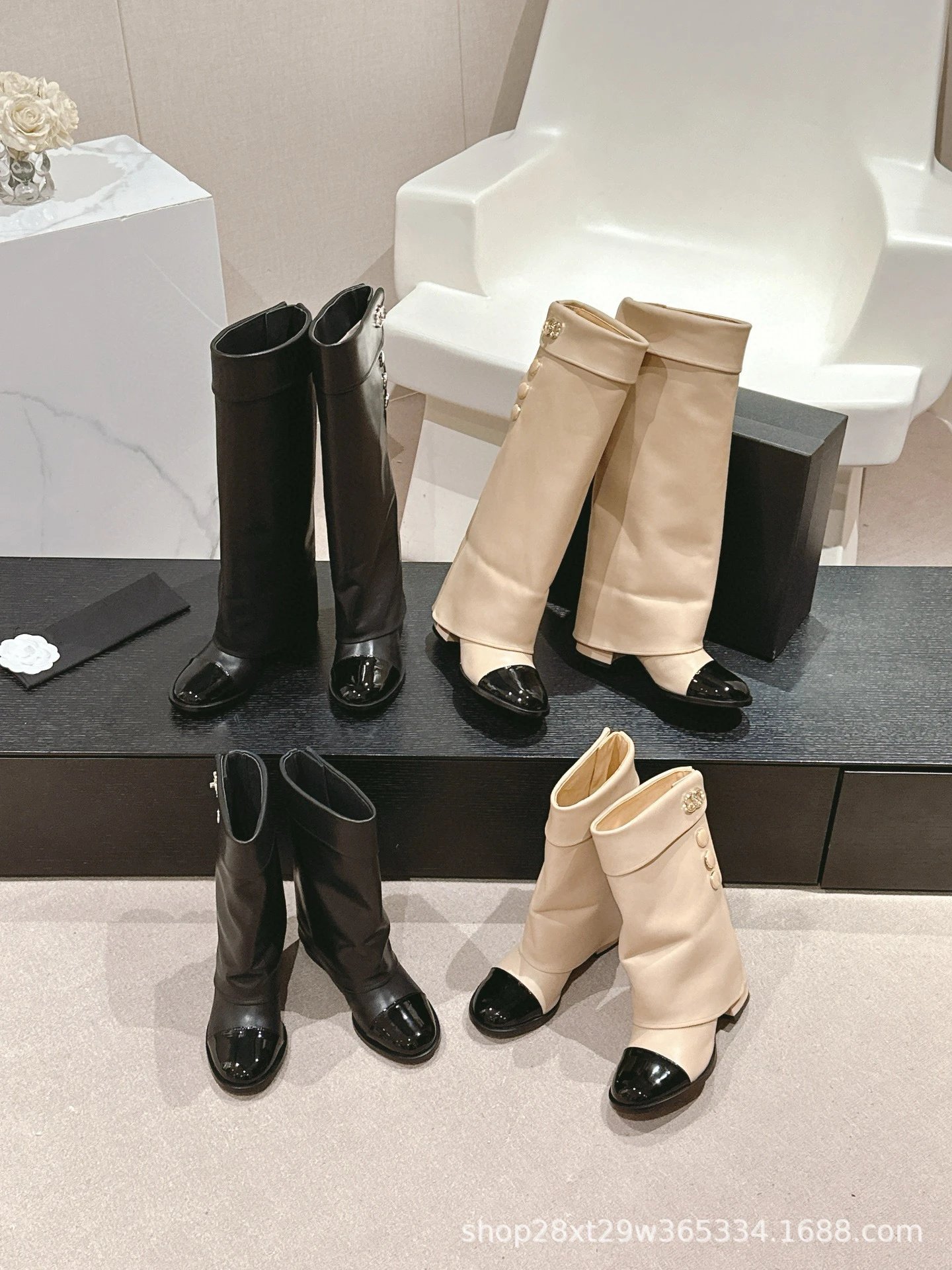Chanel Classic Buttoned Knee-High Boot Beige and Black Patent Leather Boots - 4