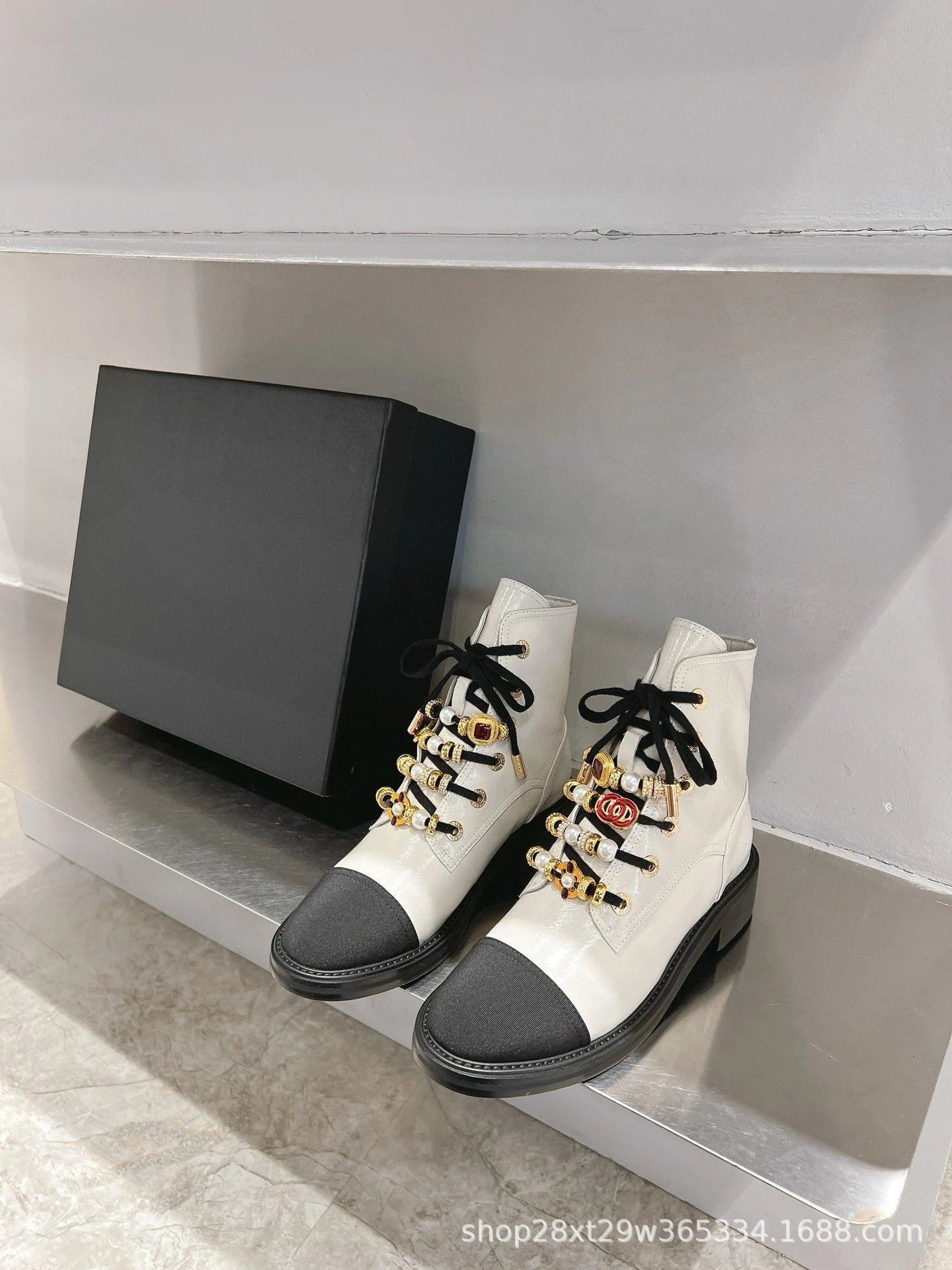 Dior Saddle Boots Black Pearl-Embellished Combat Boots - 7