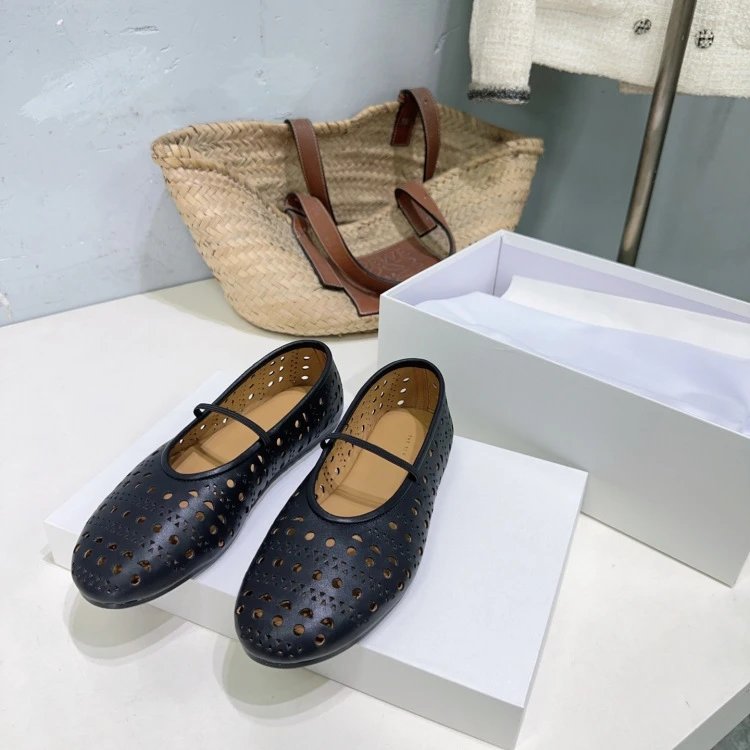 The Row Perforated Mary Jane Flats Black Shoes - 16
