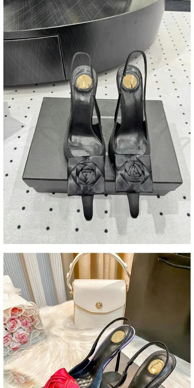 Saint Laurent High Heels Satin rose-appliqué pointed-toe slingback stilettos product detail image 10
