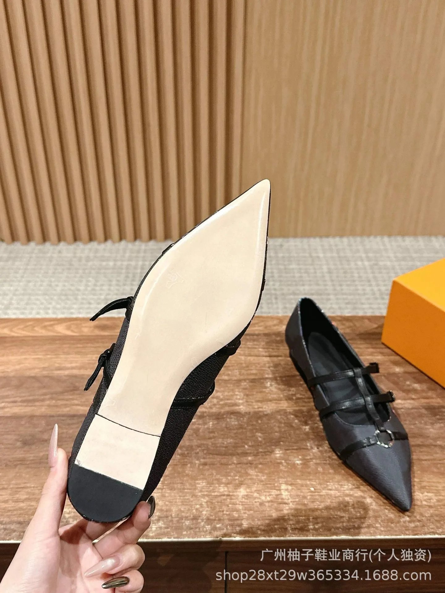 Black Pointed-Toe Mary Jane Flats with Double Strap and Ring Buckle - 2