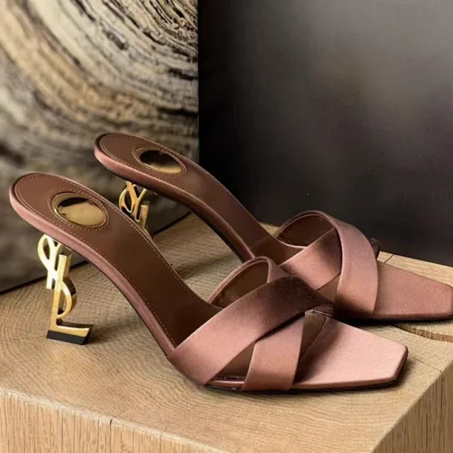 Saint Laurent High Heels Cross-Strap Open-Toe Mule with YSL Logo Heel product detail image 1