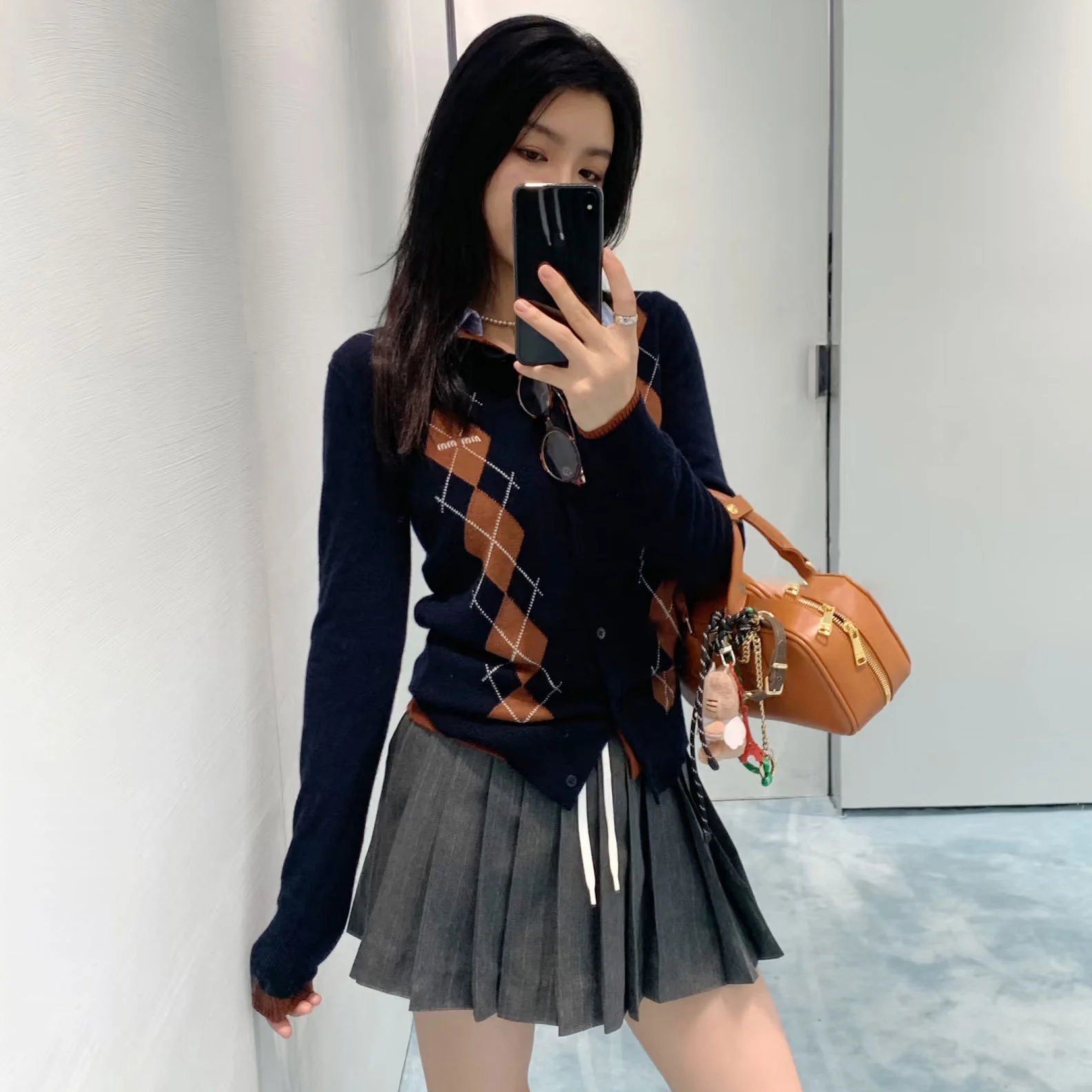 Miu Miu Argyle Knit Short-Sleeve Sweater Navy Brown Beige - 2