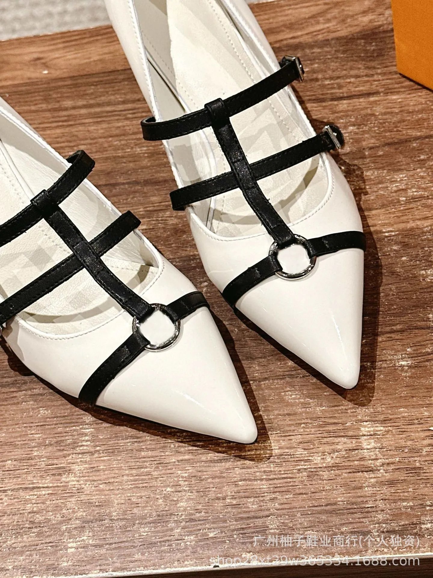 Black Pointed-Toe Mary Jane Flats with Double Strap and Ring Buckle - 24