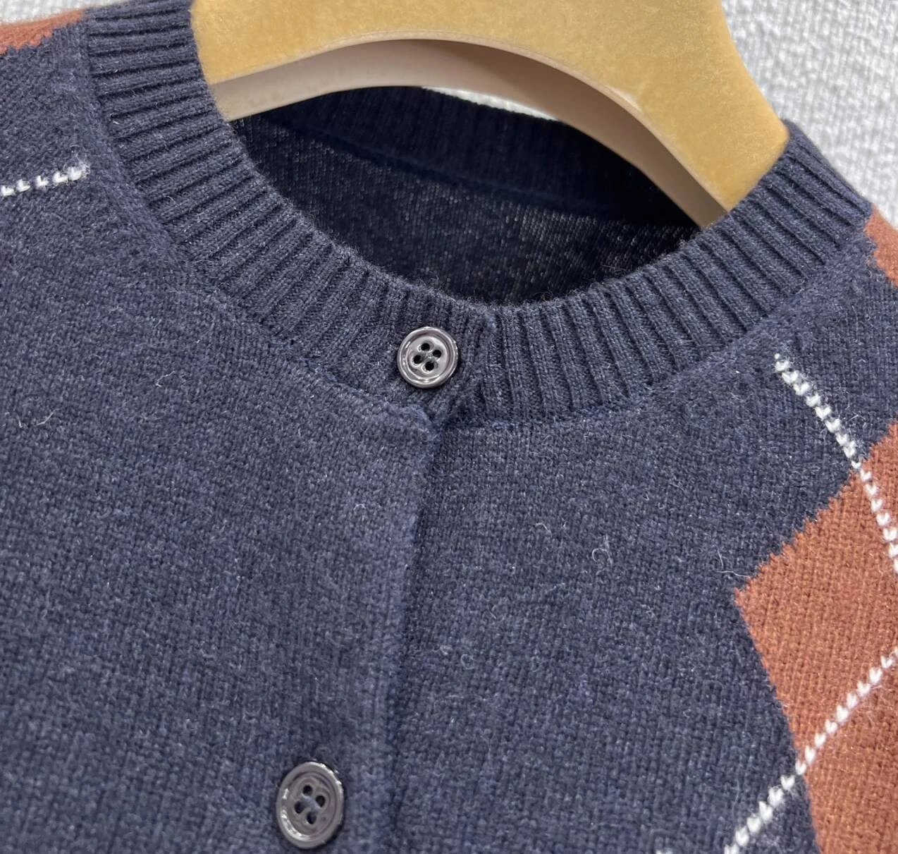 Miu Miu Argyle Knit Short-Sleeve Sweater Navy Brown Beige - 9
