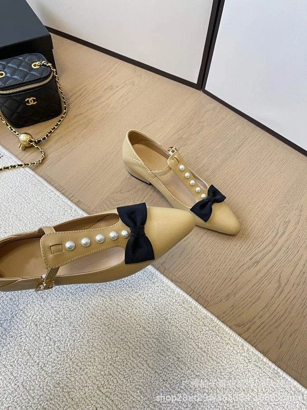 Chanel-inspired Pearl Bow Flat Beige Leather Mary Jane Shoes - 9
