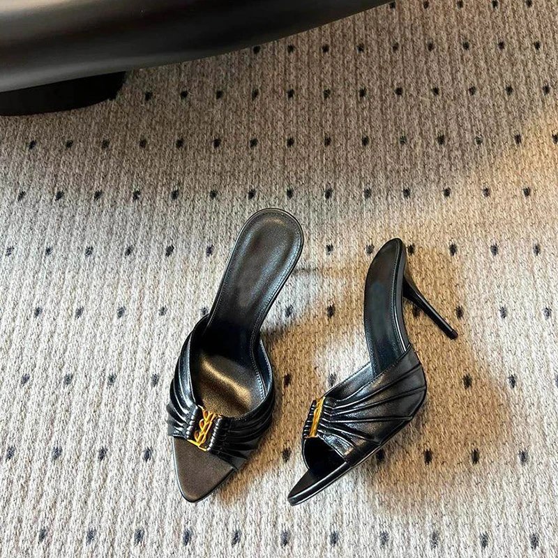 Saint Laurent High Heels Black pointed-toe pleated mule with YSL metal logo image 1