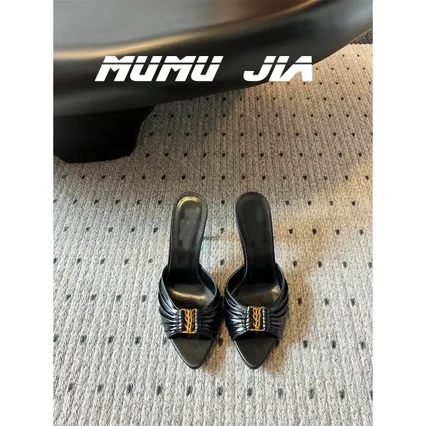 Saint Laurent Tribute Mule Black Leather Heels - 1