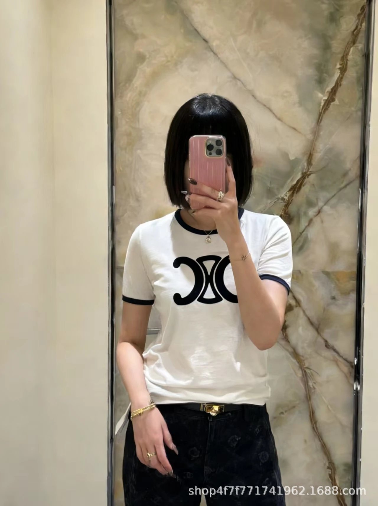 GRA Logo Print Ribbed T-Shirt Navy - 8