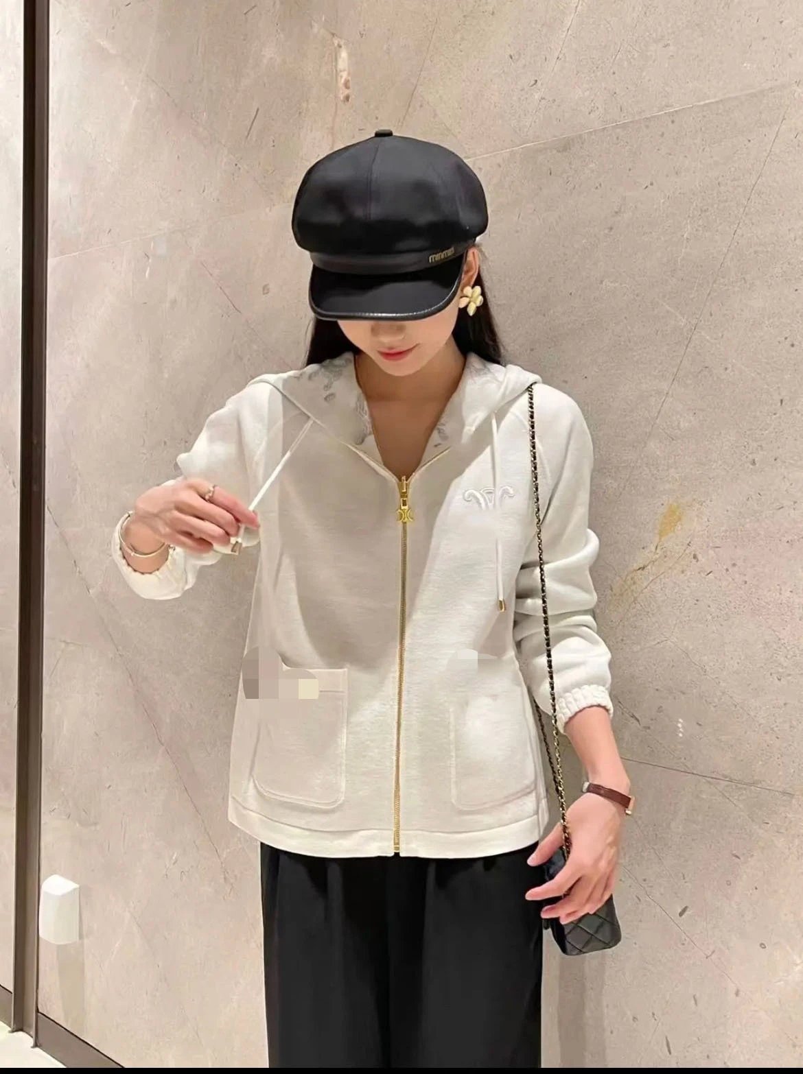 Celine Triomphe Jacquard Hooded Zip-Up Jacket Beige Brown - 6