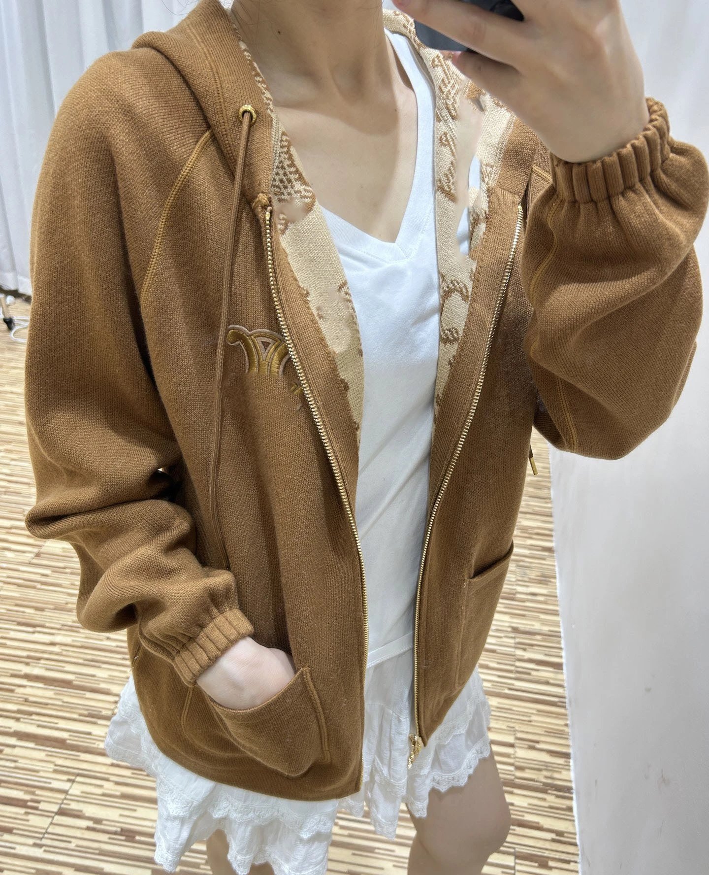 Celine Triomphe Jacquard Hooded Zip-Up Jacket Beige Brown - 11