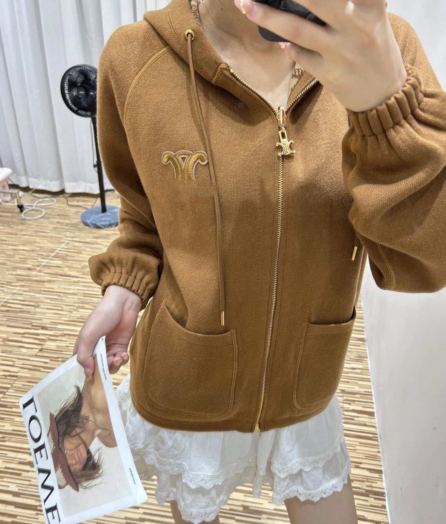 Celine Triomphe Jacquard Hooded Zip-Up Jacket Beige Brown - 12
