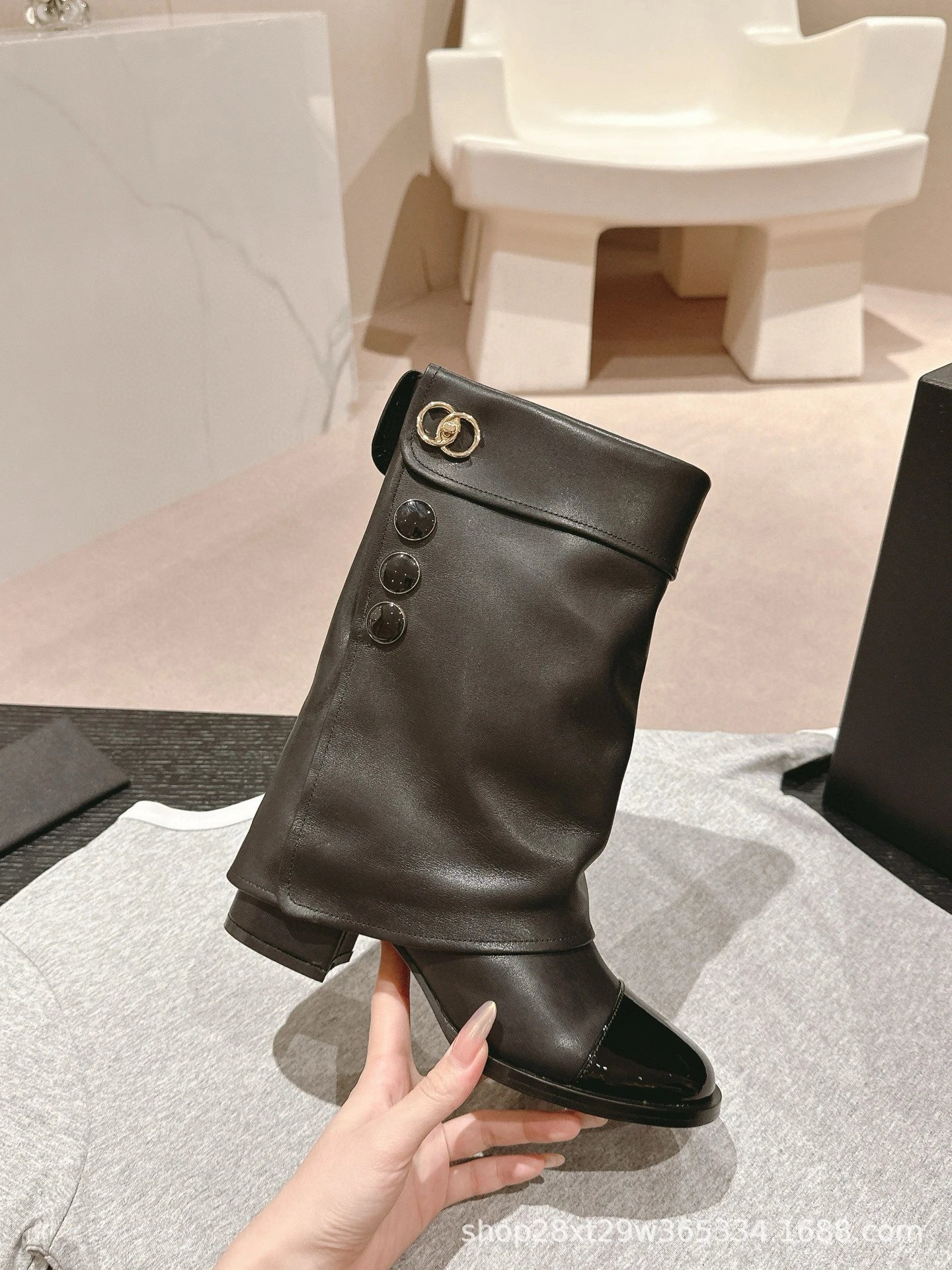 Chanel Classic Buttoned Knee-High Boot Beige and Black Patent Leather Boots - 7