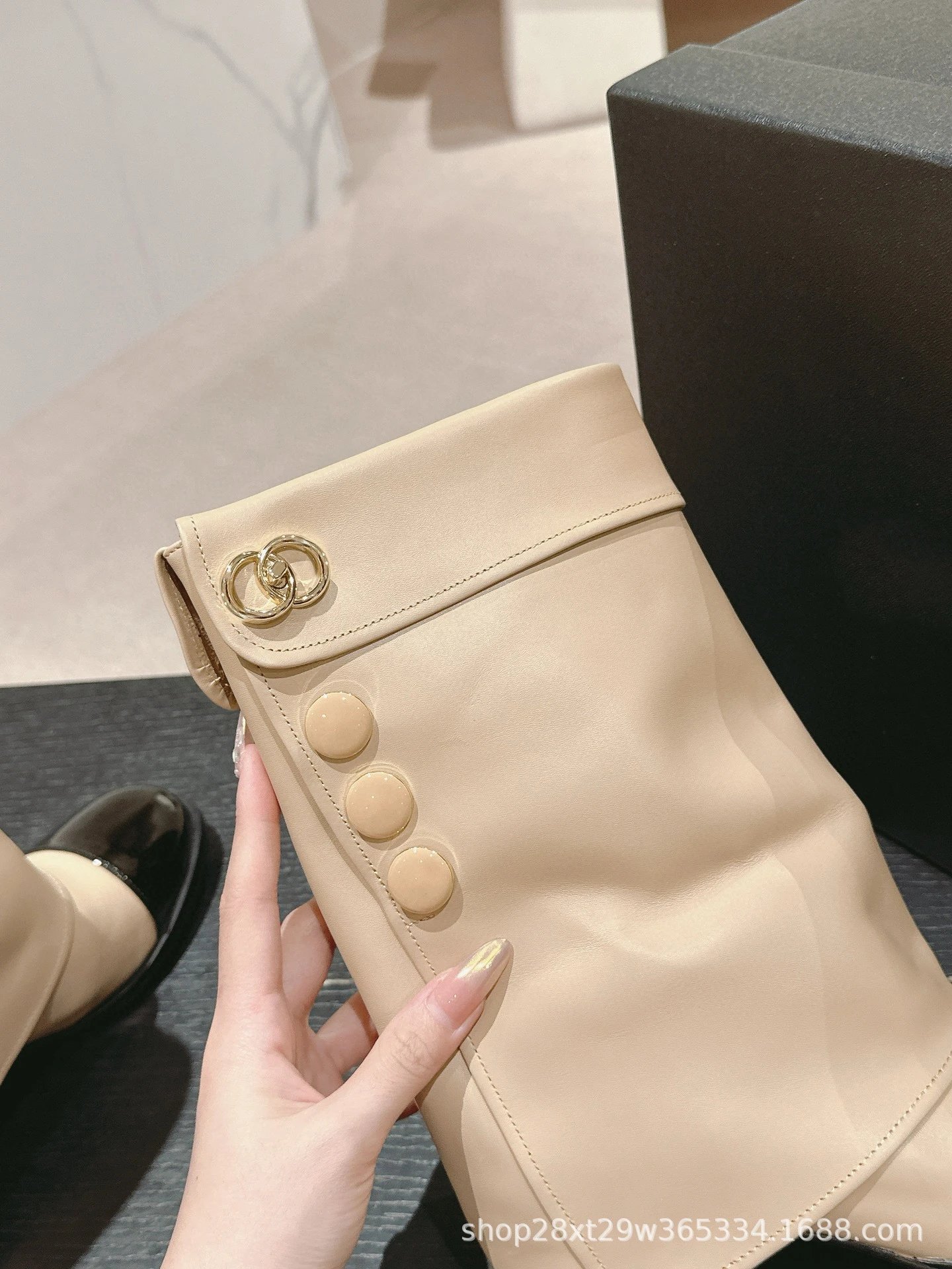Chanel Classic Buttoned Knee-High Boot Beige and Black Patent Leather Boots - 6