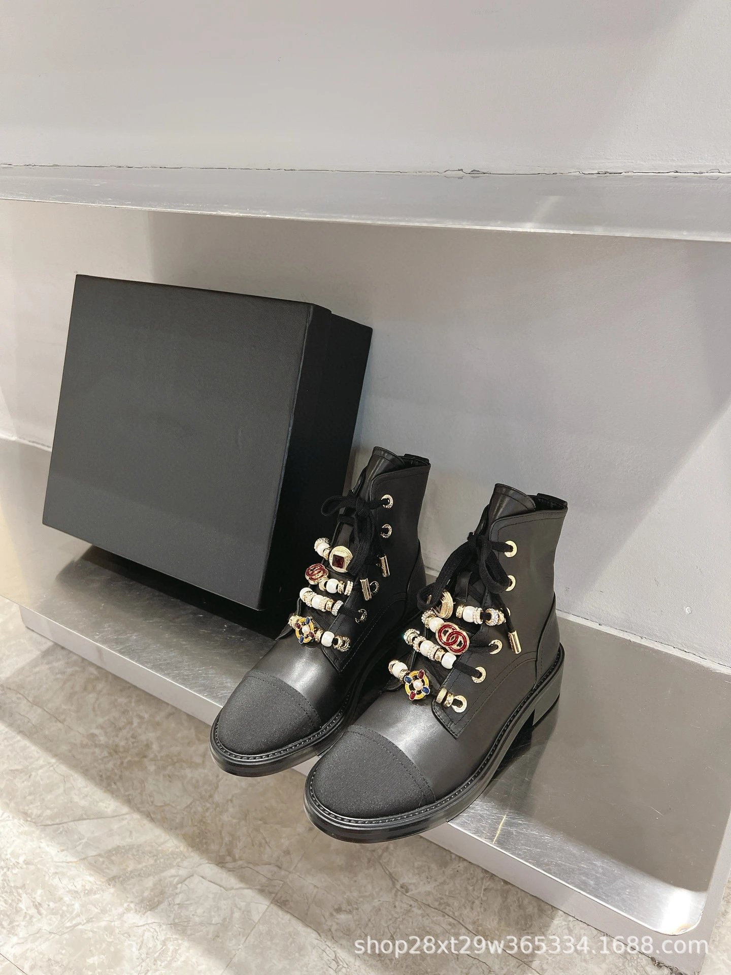 Dior Saddle Boots Black Pearl-Embellished Combat Boots - 5