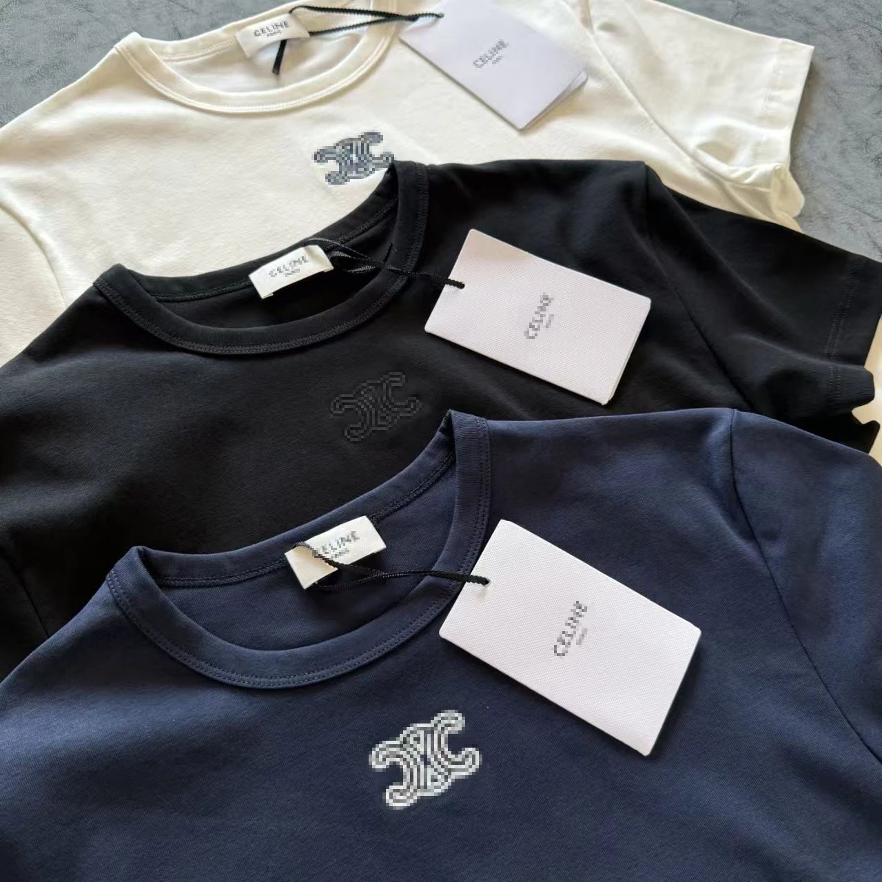 Celine Triomphe Logo Embroidered Black T-Shirt - 14