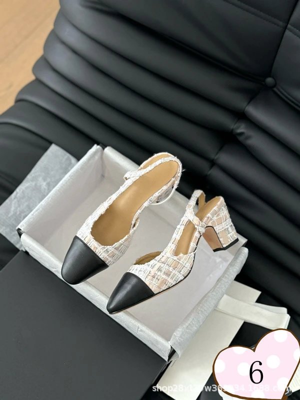 Chanel-inspired Tweed Slingback Block Heels Pink Tip - 7