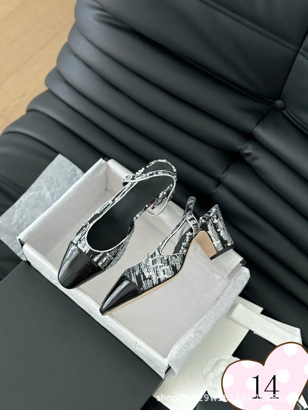Chanel-inspired Tweed Slingback Block Heels Pink Tip - 15