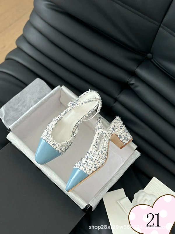 Chanel-inspired Tweed Slingback Block Heels Pink Tip - 21