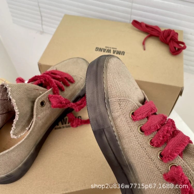UMA Wang Canvas Sneakers Beige with Red Laces Casual Shoes - 7
