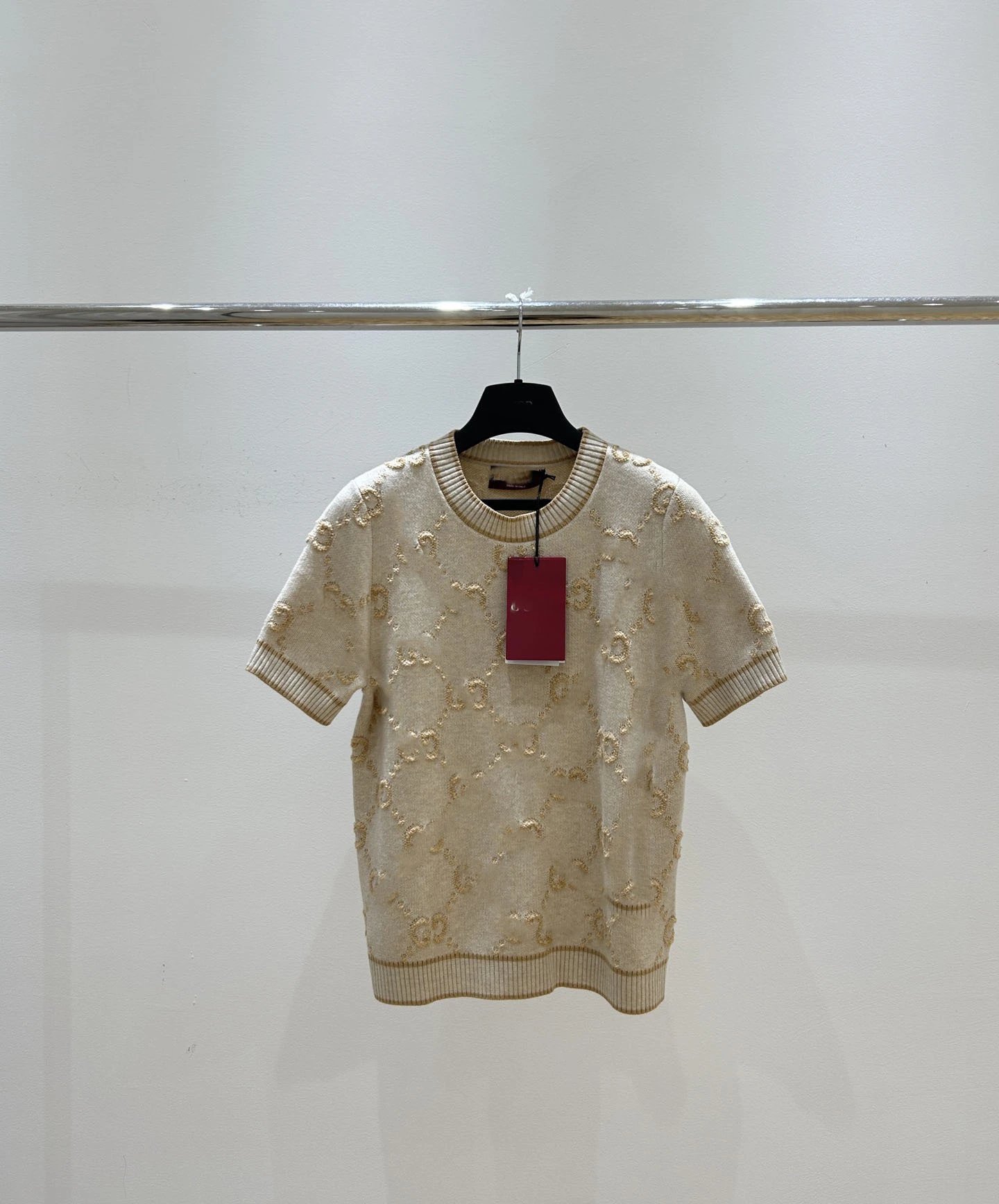 Gucci GG Embroidered Knit Short-Sleeve Sweater Beige - 8