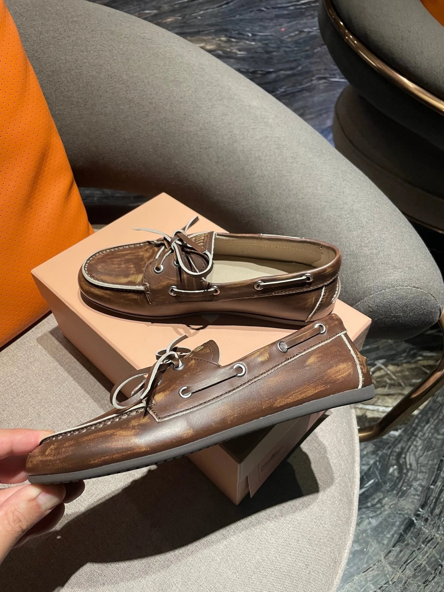 Hermès Moccasin Boat Shoes Distressed Brown Leather - 13