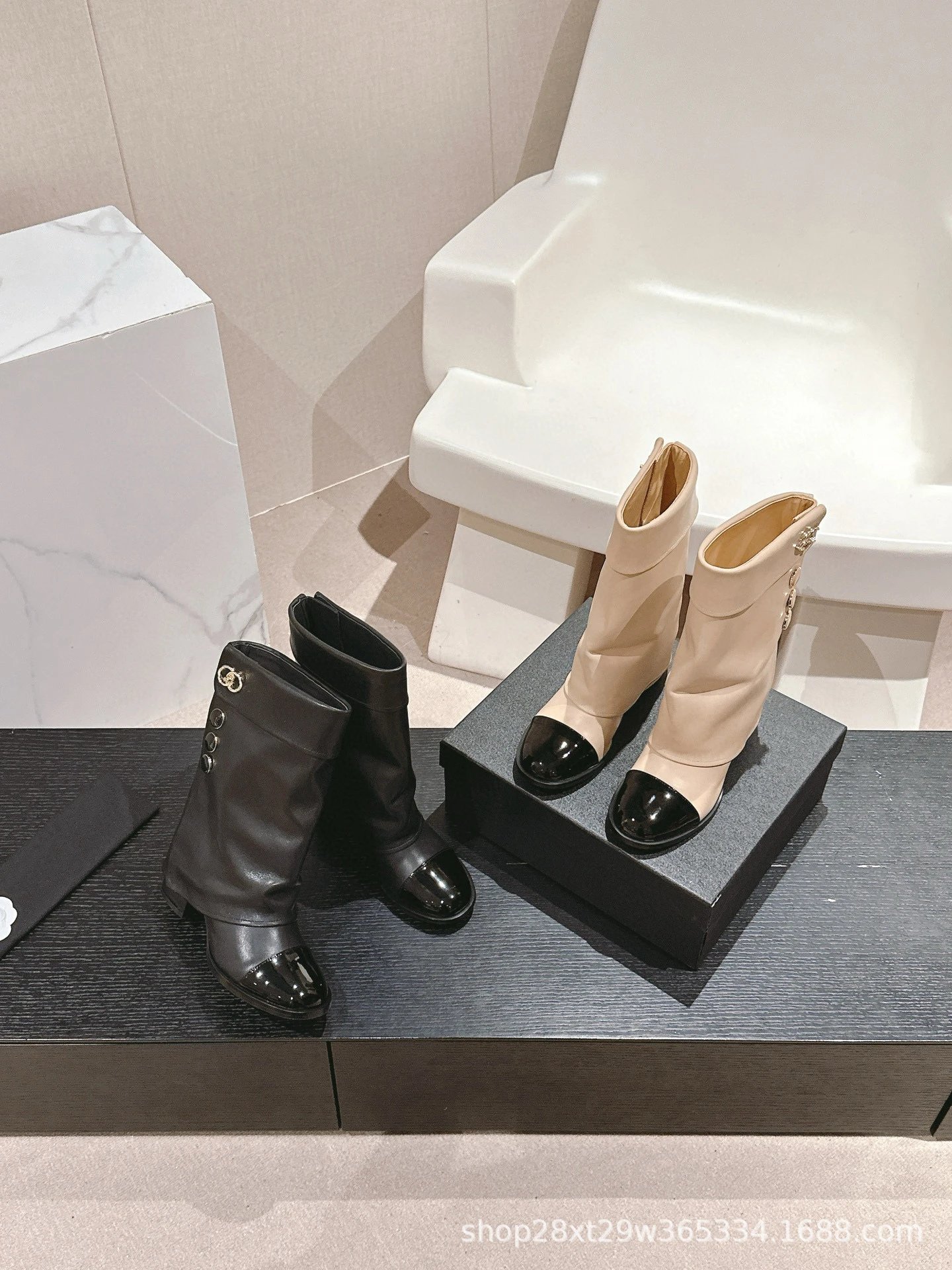 Chanel Classic Buttoned Knee-High Boot Beige and Black Patent Leather Boots - 2