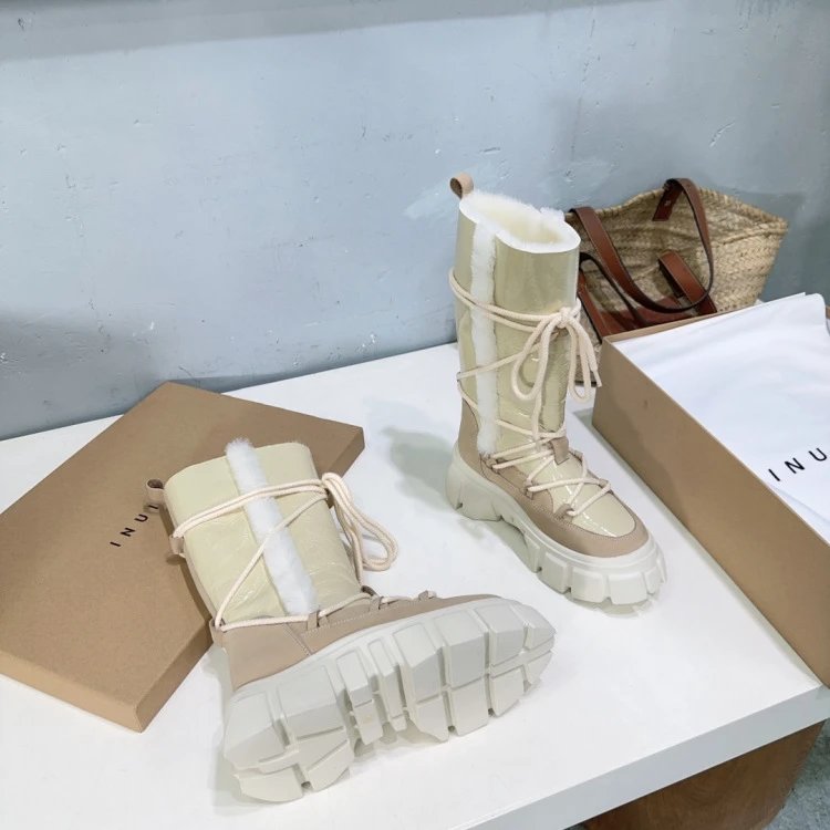INU IKII Chunky Lace-Up Shearling-Lined Winter Boots Beige - 12