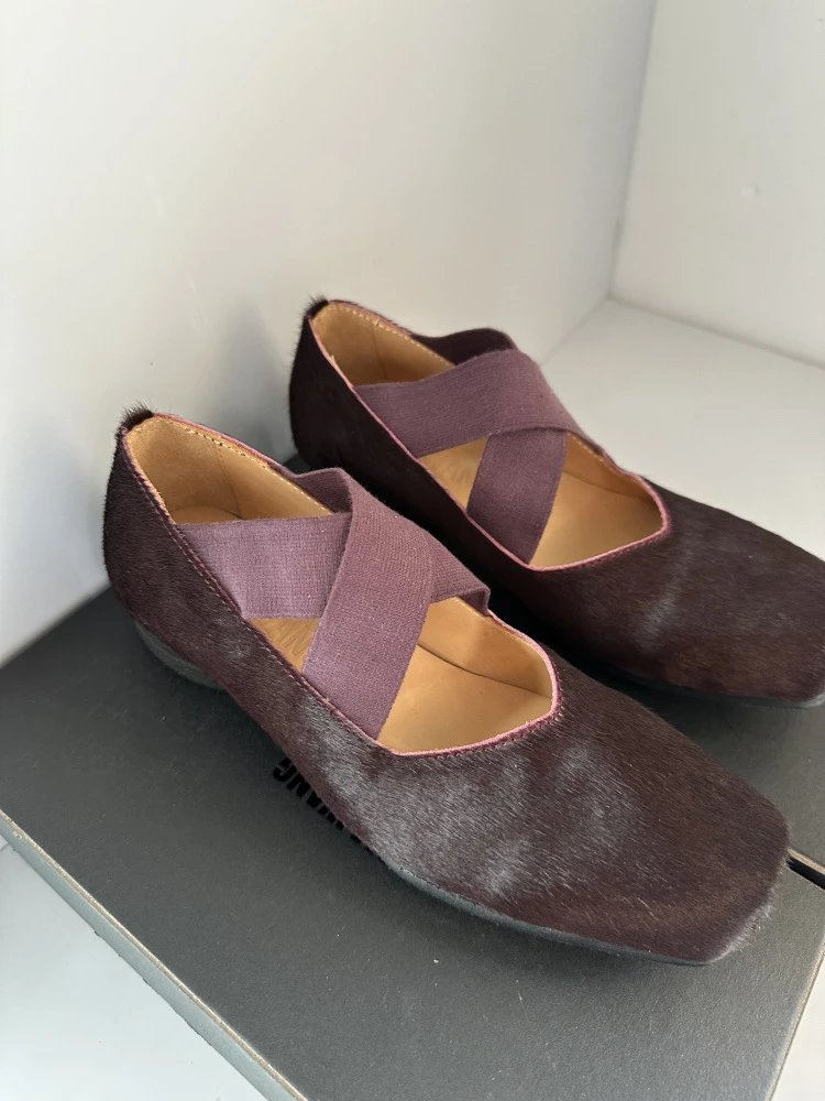 Design Mary Jane Flats Beige Suede with Black Strap Casual Shoes - 28