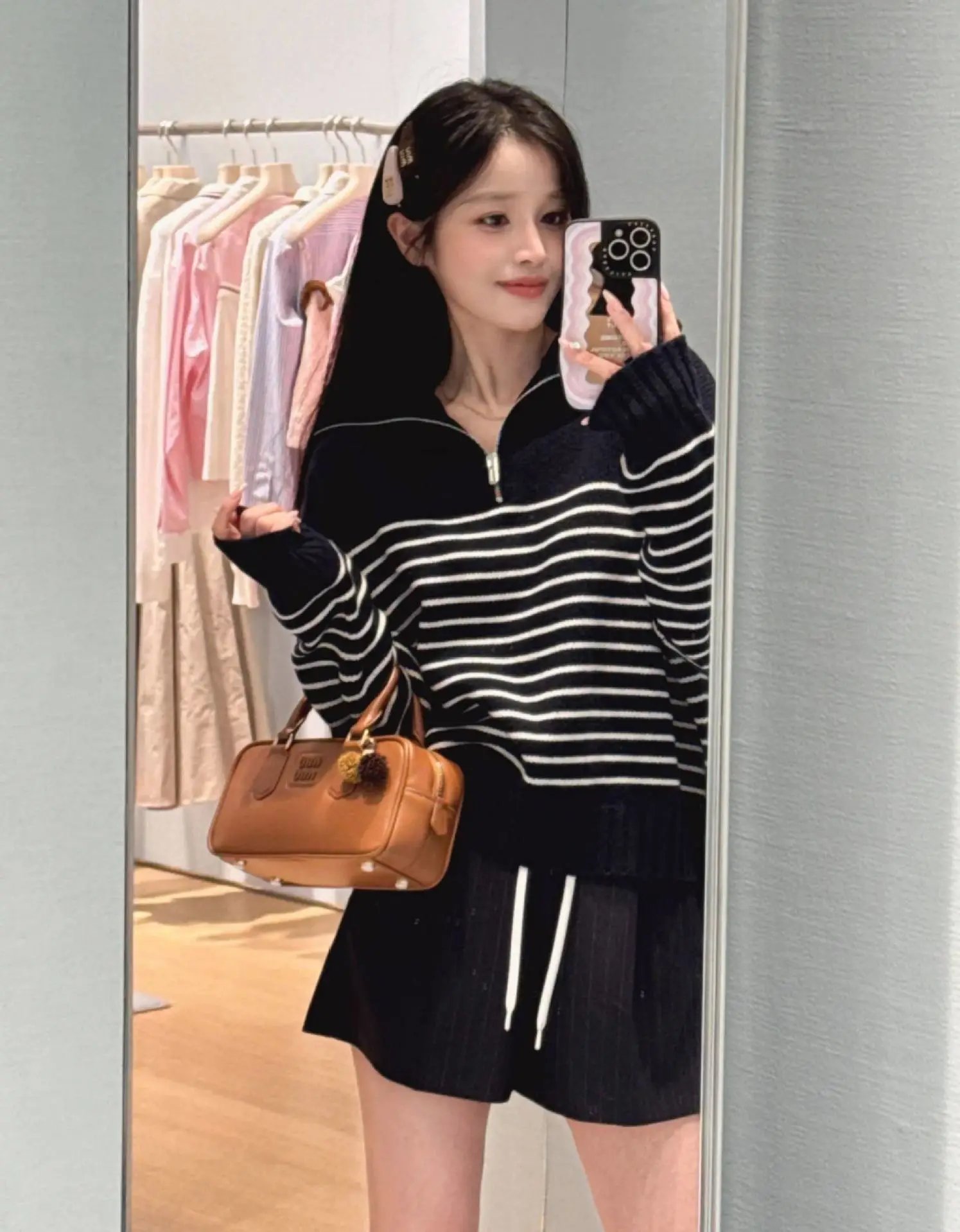 AMA Half-Zip Striped Knit Sweater Navy - 7