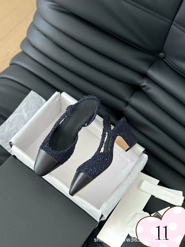 Chanel-inspired Tweed Slingback Block Heels Pink Tip - 12