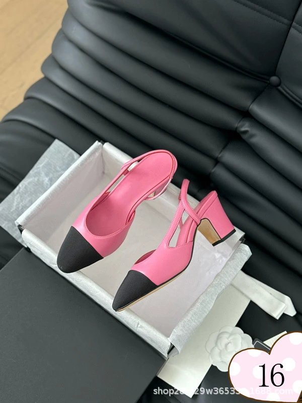 Chanel-inspired Tweed Slingback Block Heels Pink Tip - 17