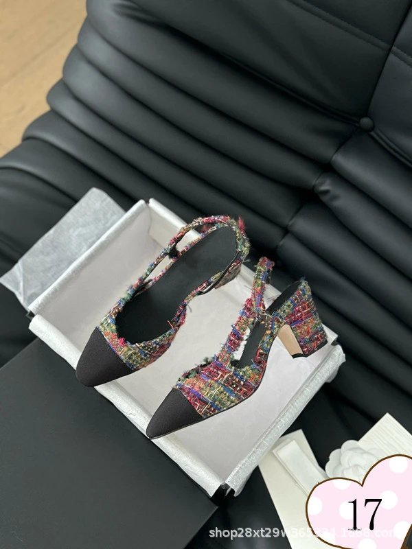 Chanel-inspired Tweed Slingback Block Heels Pink Tip - 18