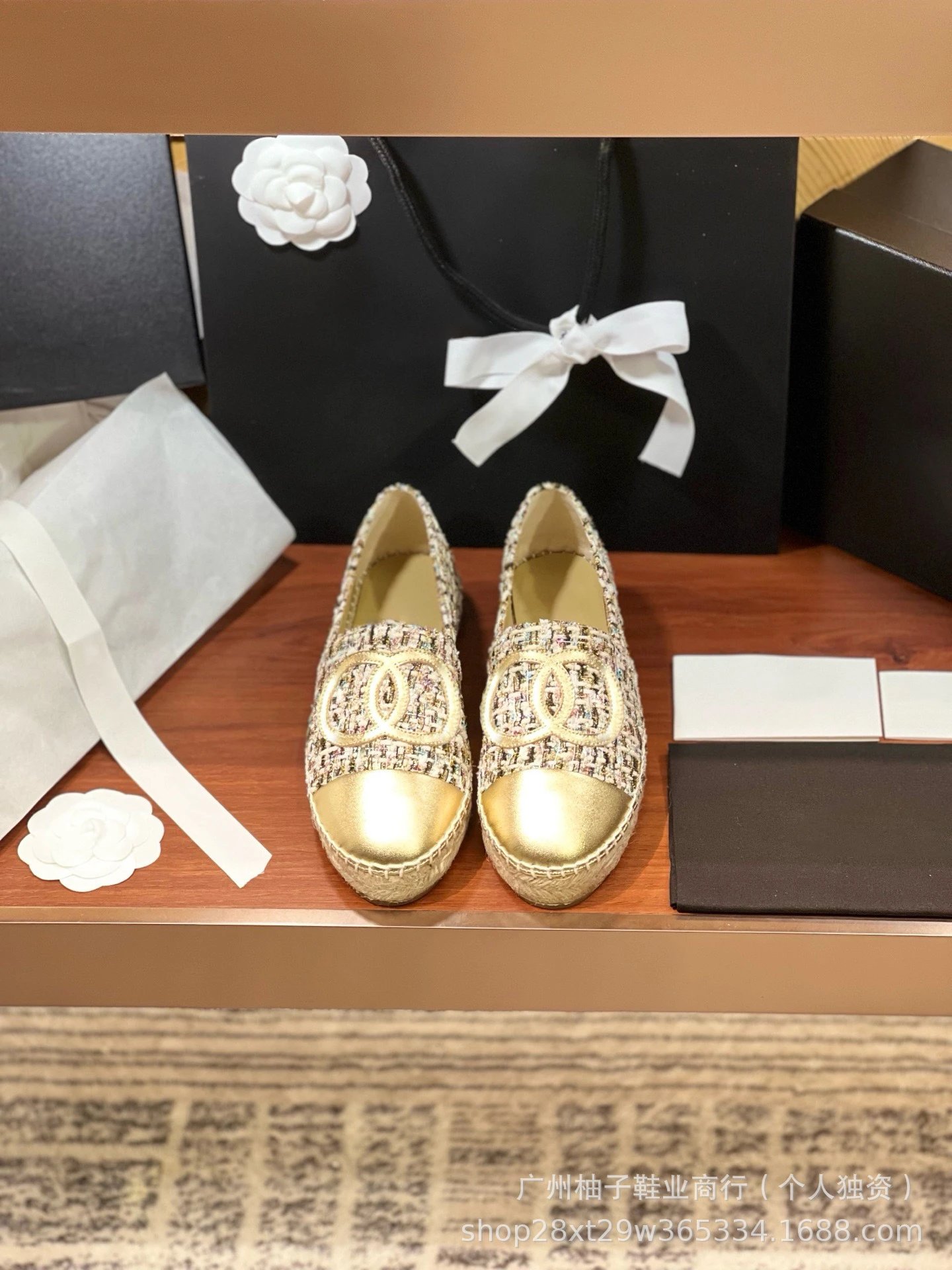 Chanel CC Logo Tweed Espadrille Loafers Gold Toe Women's Casual Shoes - 31