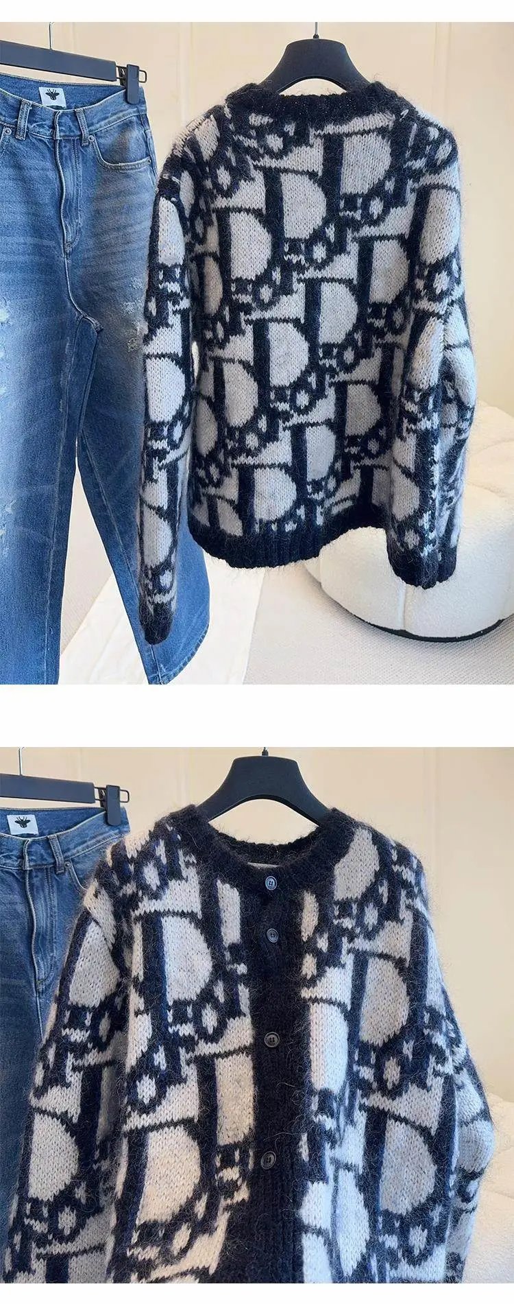 Dior Oblique Knit Cardigan Navy and White - 5