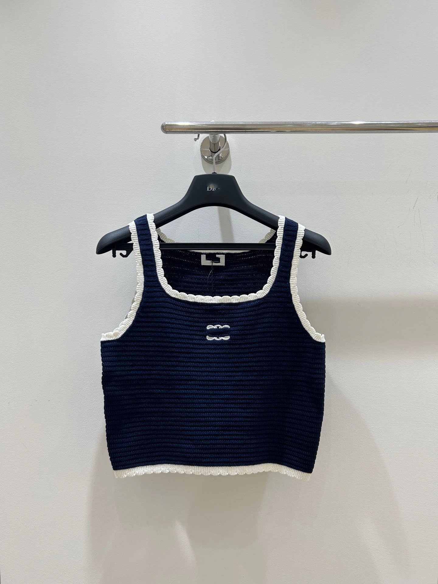 Dior Crochet Knit Crop Top Navy with White Trim Vest-Top - 3